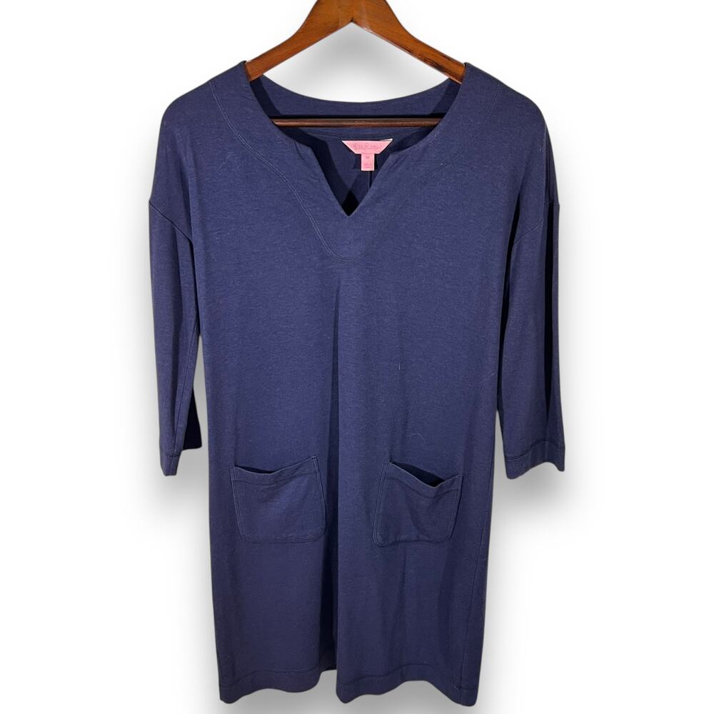 Lilly Pulitzer Navy Knit Tunic Dress XS 3/4 Sleeve Pockets Split Neck Casual - Picture 2 of 9